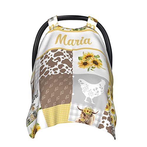 Noverbibi Personalized Baby Car Seat Canopy for Boys Girls, Custom Name, Sunflower Cow Pattern, Water Resistant, Polyester, Car Seat Cover
