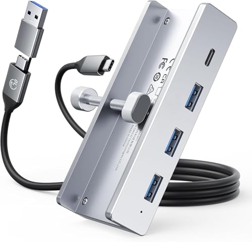 Image of USB Hub 3.0, Clamp USB Hub with Extra Power Supply Port, Aluminum 4-Port USB Adapter with 3 USB-A Data Ports, USB-C Port for Monitors, Desks Desktops, Keyboards, Laptops, Smartphones, (MHPC 5IN 1)