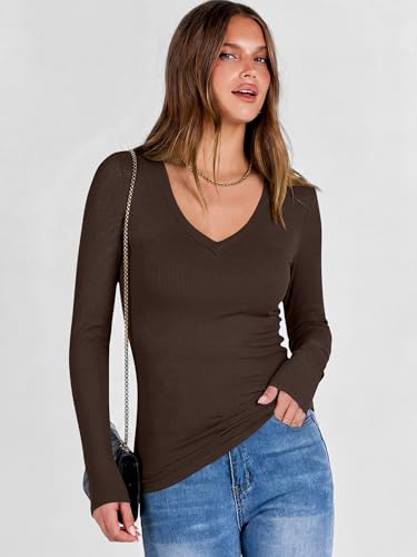 ANRABESS Women's Long Sleeve Deep V Neck Tops Brown X-Large — view 6