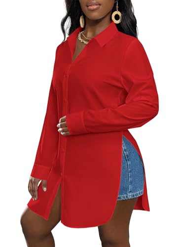 Image of LYANER Women's Collar Neck Long Sleeve Button Down Shirts Sexy Split Hem Tops Long Blouse Shirt Dress