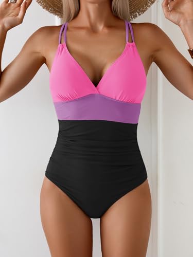 Image of Aidonger Women's One Piece Color Block Swimsuit Tummy Control Slimming Bathing Suit V Neck Cutout High Waisted Swimwear