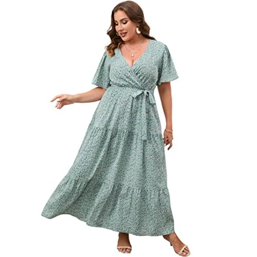 KOJOOIN Women Plus Size V Neck Wrap Maxi Dress Short Sleeves High Waist Ruffle Summer Casual Dress with Belt, XX-Large, Short Sleeve Green Floral