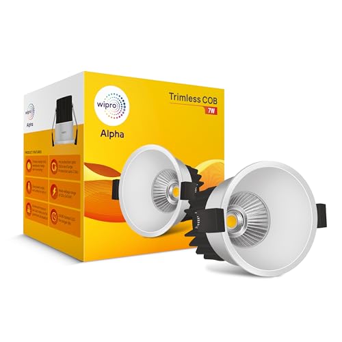 Image of wipro 7 Watt Alpha Trimless COB | Warm White (2700K) | Aluminium PDC Heat Sink | Sharp Beam Angle with Reflector for Home, Office and Store Cabinet Display | Pack of 4