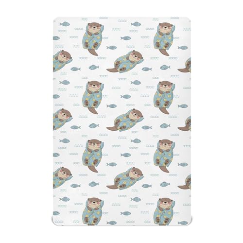 Image of Otter Fish Flowers White Fitted Crib Sheet for Boys Girls Baby Pack n Play Sheets Fitted for Toddler Girl Boy,52 X 28 in