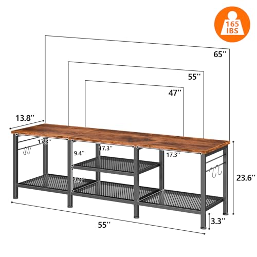 Image of Furologee 55 Inch TV Stand, Entertainment Center with Shelves, Rustic Brown | Media Console Table, Open Storage Shelves, 4 Hooks, for 60 /65 Inch TVs, TV Stands for Living Room, Bedroom