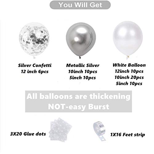 White Silver Birthday Party Latex Balloon Decorations, 66 Pack Silver Metallic Chrome Party Balloon Set with 16ft Strip and Dot Glue for Wedding Birthday Baby Shower Decorations