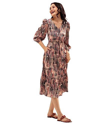 Image of AASK Abstract Printed Puff Sleeve Gathered Detailed Fit Flare Dress