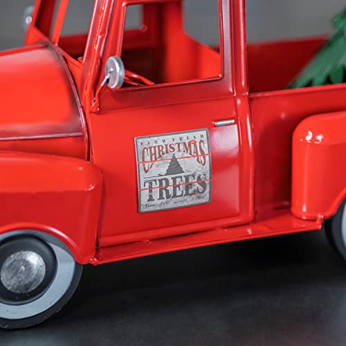 Image of Zaer Ltd. Metal 18.5 inch Long Multi-Seasonal Christmas and Harvest Pickup Truck with Metal Tree, Pumpkins, and Matching Side-Magnet Sets (Glossy Red)