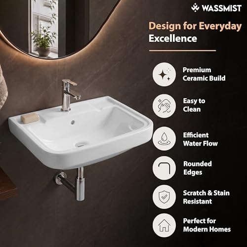 Image of WASSMIST Wash Basin | Wall Hung Wash Basin for Bathroom with 10 Year Glaze Warranty | Premium Ceramic Compact Basin with Tap Hole (15.7 X 14 X 6.1 Inch)
