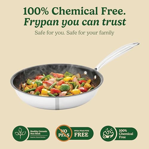 Image of Zira Triply Ceramic Frypan 20cm | Ceramic Surface | Triply Frying Pan for Even Heating | Stick Free Deep Frying Pan | Low Oil Cooking | Induction & Gas | Chemical Free