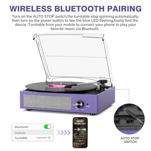 Image of cotsoco Vinyl Record Player Bluetooth,Belt-Drive Turntable with Stereo Speakers Vintage Phonograph Vinyl Record Player 3 Speed 3 Size for Home Decoration,Aubergine
