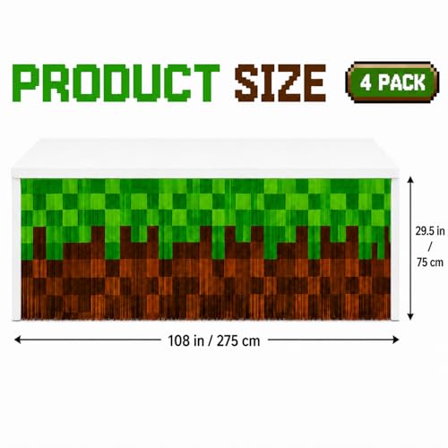 Image of Pixel Video Game Party Table Skirts, 4 Pack Green Brown Foil Fringe Table Skirt Decorations for Boys Birthday, Block Theme Gaming Party Table Decor Photo Booth Props