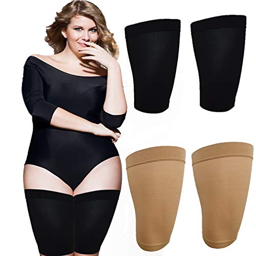 Thigh Slimmer Shapers For Women -Thigh Compression Sleeve To Help Tone Thighs - Slimming Thigh Wraps For Flabby Thighs - Helps Shape Upper Thighs For Ideal Slim Look - 2 Pack (Black/Beige)