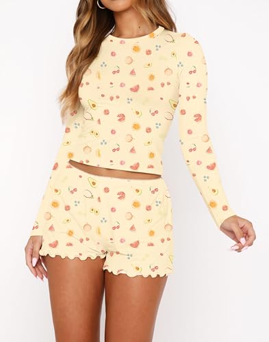 Image of REVETRO Fall Womens 2 Piece Pajama Sets Sexy PJ Shorts Y2k V Neck Long Sleeve Lounge Set Sleepwear with Button Down