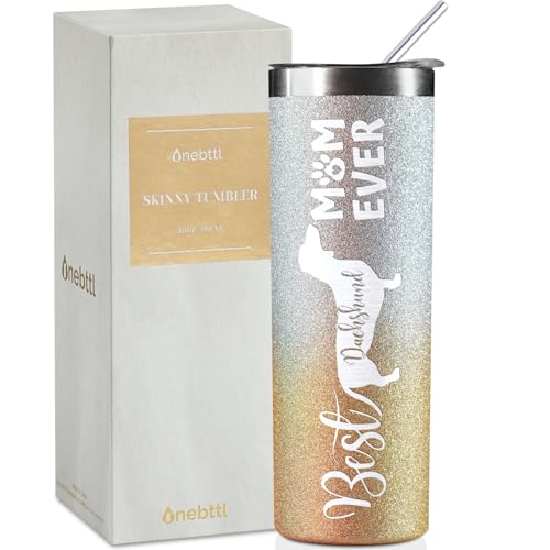 Onebttl Dachshund Gifts, Best Dachshund Mom Ever, Gifts for Wiener Dog Lovers, Women, Girls, Friends, Daughters, Coworkers, Stainless Steel Tumbler 590ml, Glitter Gold & Silver