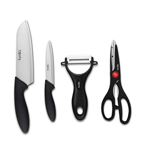 Familia KS-4 Stainless Steel Kitchen Knife Set with Scissor and Ceramic Peeler (4-Pieces, Black)