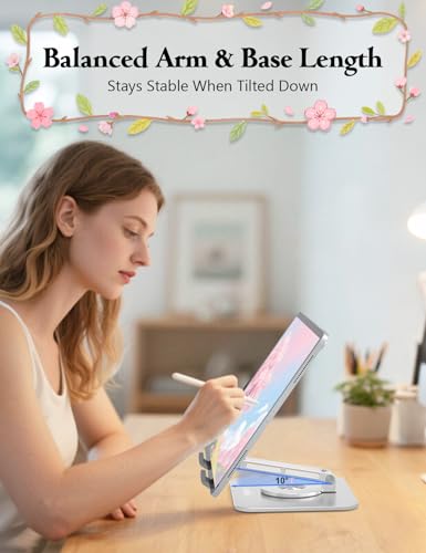 Image of Rotating Tablet Stand for Desk, Aluminum Office Desk Accessories for Women Moms iPad Gifts Home Office Portable Monitor Stand for iPad, Compatible with iPad Pro, Air, Kindle, 4-12.9 inch,Silver