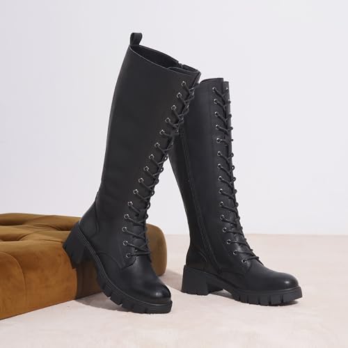 Image of Vepose Women's 953 Knee High Combat Boots Chunky Platform Heel, Lace Up Gothic Punk Work Boots for Dresses and Jeans