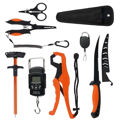 RAWILL Fishing Kit,Filleting Knife,Hook Remover,Fish Grip, Line Cutter,Fishing Scale, Pliers with Lanyards,Not Include Batteries.As A Gift for Anglers.Orange