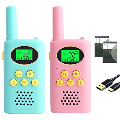 POKPOW Walkie Talkies for Kids Rechargeable 2 Pack Long Range 22 Channels 2 Way Radio Outdoor Kids Toys for Ages 3-12 Camping Hiking Birthday Xmas Easter Gifts for Boys Girls (Blue Pink)