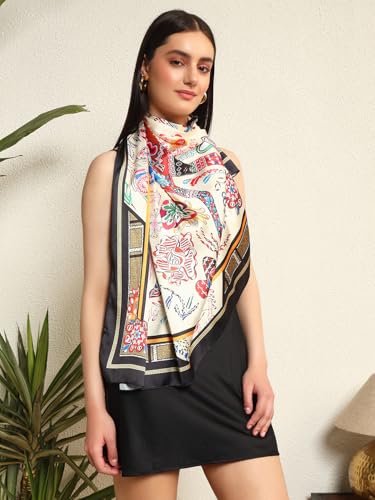 Image of Ravaiyaa - Attitude is everything Women Silk Digital Print Large Square Scarf Breathable Lightweight Neckerchief Printed Headscarf 40 inch x 40 inch Inch