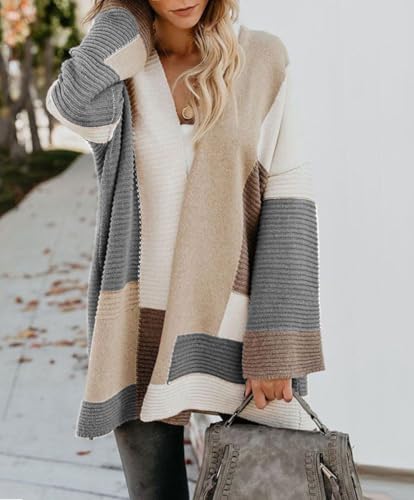 Image of chouyatou Women's Fall Geometric Color Block Open Front Cardigan Sweater Elegant Casual Oversized Coatigan Coat