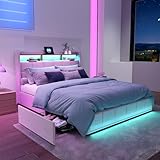 QLTXYHML Letto Capitonné 140 x 190, letto matrimoniale con illuminazione LED RGB e ricarica USB, 4 cassetti, testiera con contenitore, con rete a doghe e telaio del letto in metallo, tessuto lino