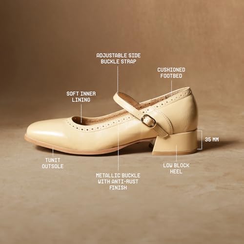 Image of Theater Miss Newton Mary Jane Block Heels with Vintage Textured Detailing for Women | Adjustable Cross-Strap Buckle and Comfort Sole for Office, Formal