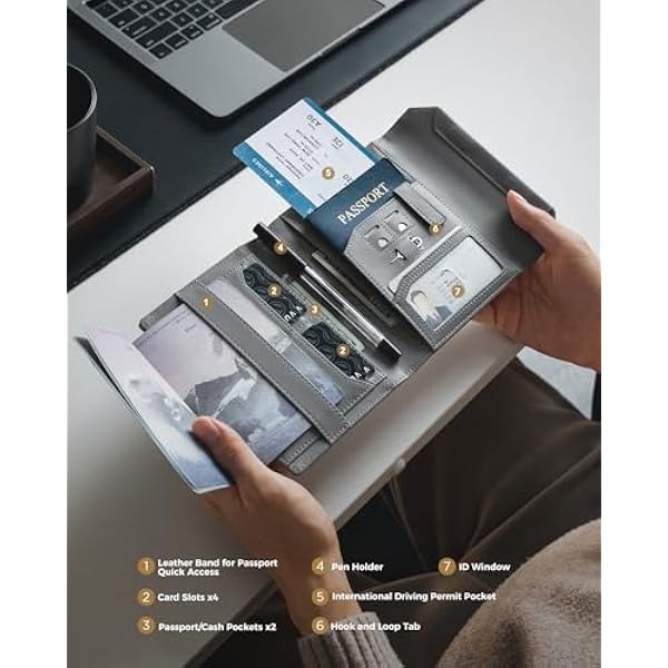 VULKIT Тонкий футляр для паспорта, защита RFID/NFC, магнитная застежка, 4 отделения для карт, 2 отделения для паспорта, держатель для посадочного талона, держатель для ручки и окошко для удостоверения личности, серый