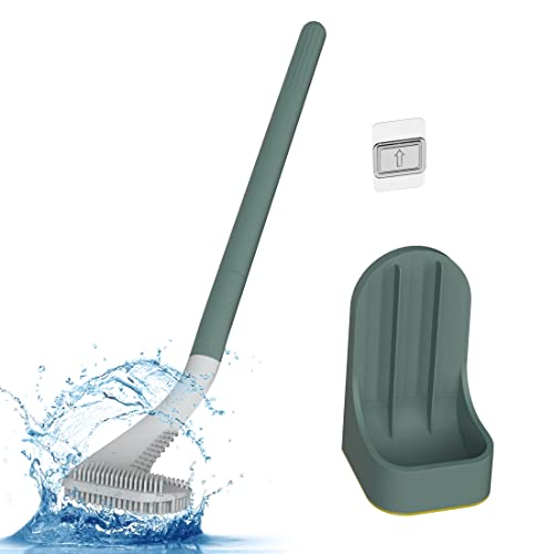 Image of Toilet Brush, Long Handle Golf Toilet Brush with Holder 360 Deep Cleaning Flexible Silicone Toilet Cleaner Brush Wall Mounted for Bathroom (Green)