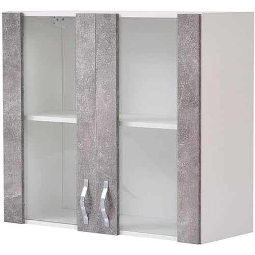 Shally Dogan Credenza, Pensile da Cucina con Vetro, Armadio Sospeso da Parete Vetrato in Legno Due Ante 1 Ripiano 2 Scomparti, Armadietto Spazioso Resistente, Dim. 80 x 32 x 72H cm (Cemento)