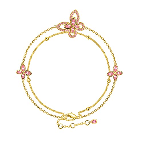 G&GEMSJEW Pink Butterfly Bracelet for Women Teen Girls Dainty Gold Link Bracelet, Women Cubic Zirconia CZ Bridal Butterfly Adjustable Bracelet 14K Gold Plated, Gold Jewelry Gift for Her