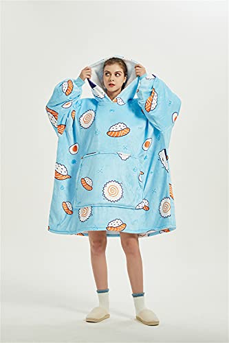 Sedefen Plaid Couverture Polaire avec Manches,Sweat-Shirt à Capuche avec Poches Portables,Confortable Flanelle Douverture TV Femme Homme,Hiver Chaud Sherpa Adulte,Bleu,Sushi Cover
