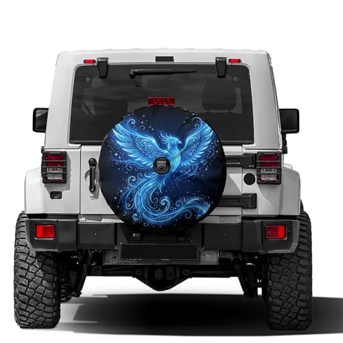 Delerain Spare Tire Cover with Backup Camera Hole Blue Flame Phoenix Wheel Covers Waterproof Dust-Proof UV Sun Universal Fit for Jeep Trailer RV SUV Truck (17 Inch for Diameter 31"-33")