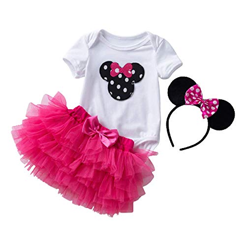 Bonfor 3 Piezas Ropa Bebe Niña 0-3 Meses Verano Vestidos Regalos Mono + Pantalones + Banda de Pelo para Niñas 0-24 Meses Pelele Bebé Recien Nacido Niño (Rosa Brillante~Falda, 0-3 Meses) Cover