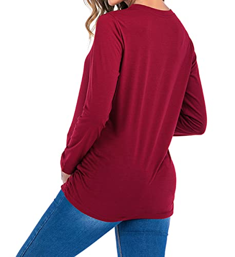 Long Sleeve Pregnant Maternity Tops Women's Crewneck Side Ruched Tunic Funny Print T-Shirt Wine Red 3Xl #TOP3