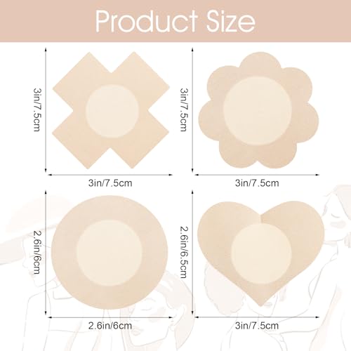 Sibba 4 Styles Nipple Cover Pasties, 80Pcs Disposable Breast Covers Nipple Covers, Self-Adhesive Bra Pad, No Show Satin Breast Petals Stickers for Women Girls Nude2