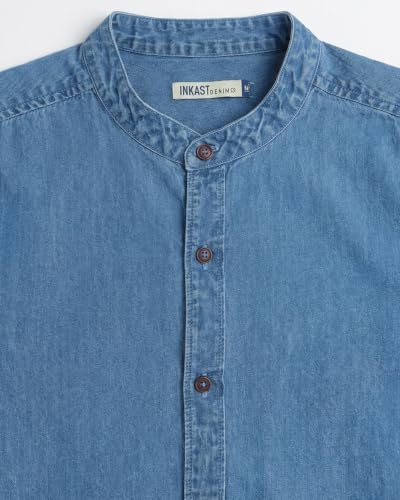 Image of Amazon Brand - INKAST Men Washed Cotton Twill Denim Casual Button Down Shirt | Mandarin Collar | Full Sleeves | Regular Fit | Stylish Summer - Everyday Wear