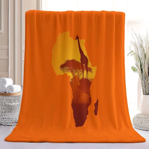 Orange Farbe Flanell Fleecedecke – Weiche Strapazierfähige Decke 100 x 130 cm mit Afrikanische Karte Baum Giraffe, Thermo Sofadecke Bettdecke für Wohnzimmer Schlafzimmer Alle Jahreszeiten
