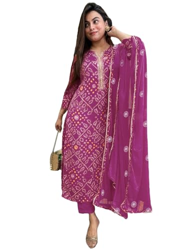 Image of GoSriKi Viscose Printed Straight Kurta with Pant and Dupatta for Women | Viscose Wine | 3 /4 Sleeve | Round Neck V-Slit | Ethnic Wear Casual Wear
