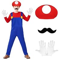 BSBUY Costume Mario Bambino, 4PZ Mario Costume Tuta per Bambini, Bambini Vestito Cosplay con Cappello Guanti Barba, Vestito di per Compleanno, Halloween, Carnevale, Feste per Ragazzi