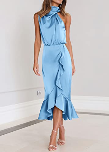 KIRUNDO Women 2025 Summer Fall Satin Mock Neck Wedding Guest Party Cocktail Midi Dress Sleeveless Wrap Ruffle Formal Dresses2