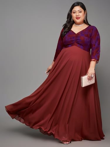 Image of Miss Chase A+ Women's Floral Printed Relaxed Fit V -Neck 3 /4Th Sleeve Georgette Maxi Dress
