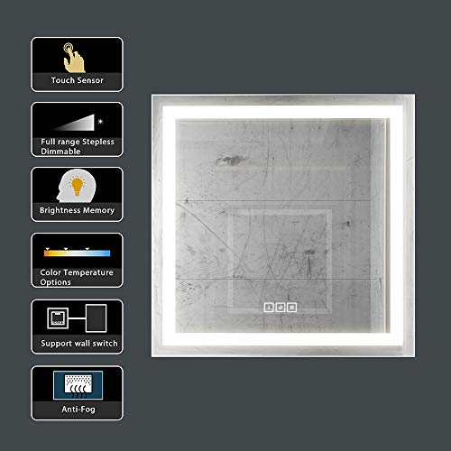 HAUSCHEN 36x36 inch LED Lighted Bathroom Wall Mounted Mirror with High Lumen+CRI 95 Adjustable Color Temperature+Anti-Fog Separately Control+Dimmer Function+IP44 Waterproof