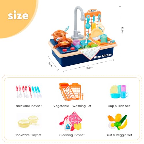 Kinderwaschbecken mit Wasserhahn & Wasser - Waschbecken Kinder mit Wasserfunktion - Küchenspüle Spielzeug Set für Küche Rollenspiel für Kinder(Blu)
