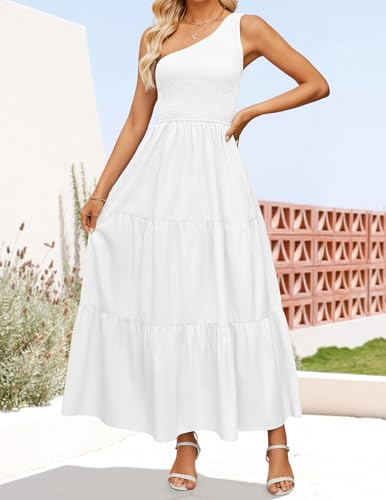 Image of ZESICA Women's 2026 Bohemian Summer Floral Print One Shoulder Sleeveless Smocked Ruffle Tiered Beach Long Midi Dress
