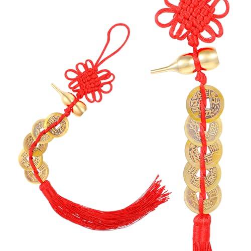 2PCS Feng Shui Good Luck Charms, Metal Gourd 5 Coins Feng Shui Decor, Red Chinese Knot Tassel Good Luck Gifts, Five Emperor Coins Blessing Gifts for Car Furniture Bag Home Office