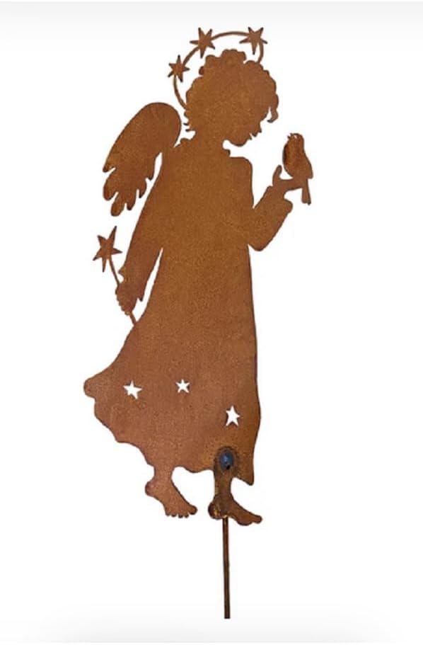 Roeda Songs of Joy Collection CR104 Eye of The Sparrow Angel with Bird 17" Rusty Patina Finish Metal Garden Stake