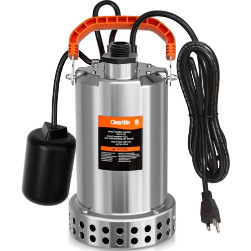 Image of Cleartide Stainless Steel Submersible Water Sump Pump with Float Switch, 1 /2 HP, 3060 GPH Ideal for Pool, Yard, Flooded Cellar & Basement, Hot Tub, Pond, and Garden Draining, 10 FT Cord