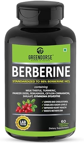 GREENDORSE Berberine HCl 98% - 8 IN 1 GDA Formulation- With Milk Thistle, Gymnema Slyvestre, Ceylon Cinnamon, Indian Rennet (Paneer Dodi), Turmeric, Shilajit, Fenugreek etc | Support Blood Sugar, Liver, Lower Cholesterol, PCOS supplement- 60 Veg Capsules